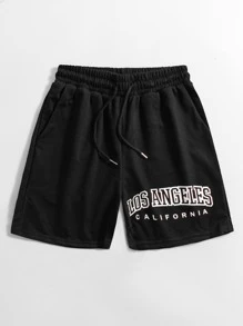 SHEIN Unity 腰部抽繩字母圖案短褲 - 黑色 - 查看 3