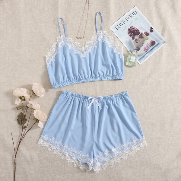 

Plus Contrast Lace Bow Front PJ Set, Baby blue