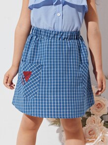 SHEIN 小女童刺繡細節口袋格紋半身裙 - 藍色 - 查看 1
