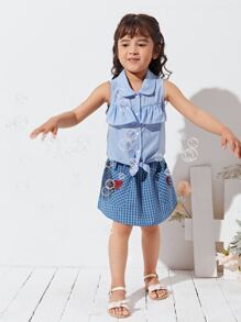 SHEIN 小女童刺繡細節口袋格紋半身裙 - 藍色 - 查看 3
