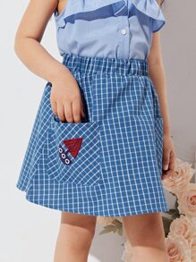 SHEIN 小女童刺繡細節口袋格紋半身裙 - 藍色 - 查看 4