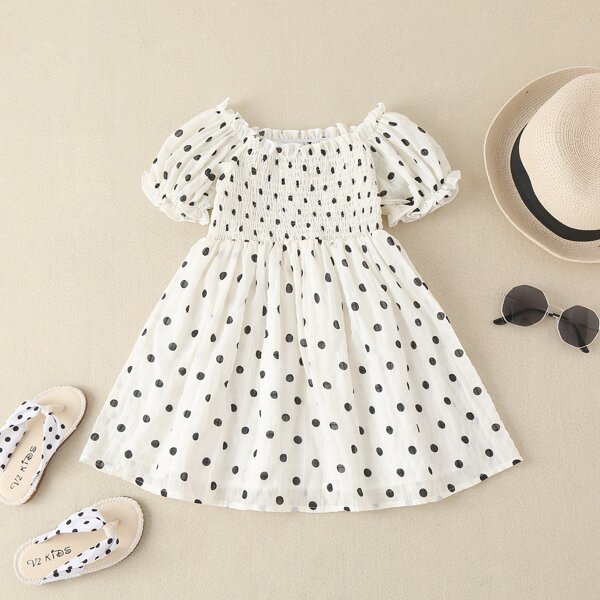 

Toddler Girls Polka Dot Shirred Dress, Beige