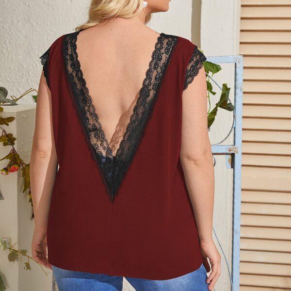 

Plus Contrast Lace V-back Tee, Burgundy
