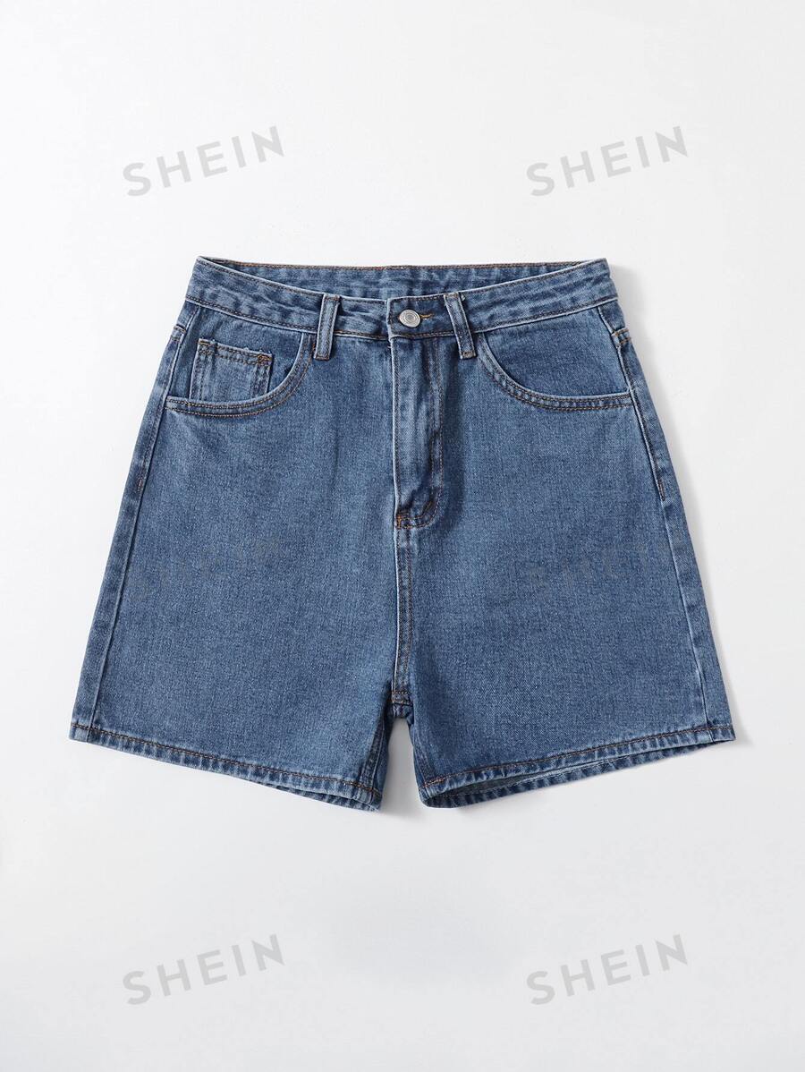 SHEIN EZwear Shorts mezclilla unicolor con cremallera - Azul lavado medio - Ver 1