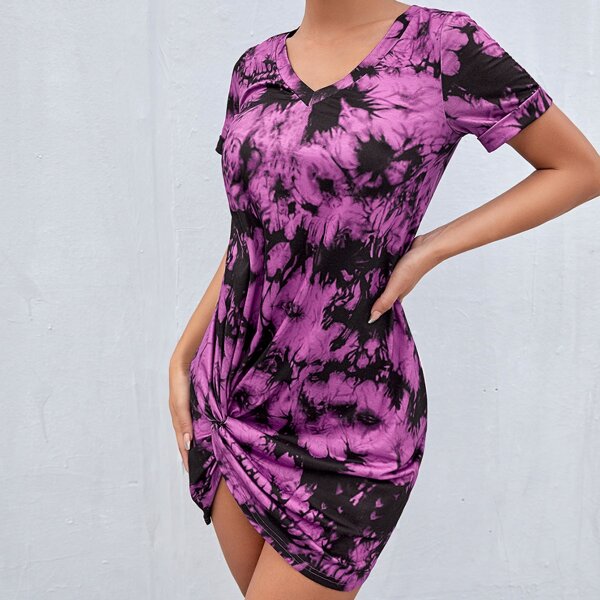 

V-neck Twist Detail Tie Dye Dress, Multicolor