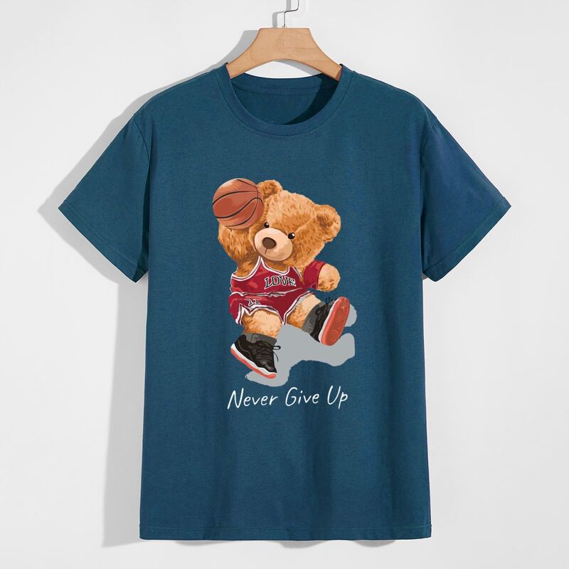 

Guys Slogan Cartoon Bear Graphic Tee, Navy blue