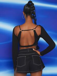 SHEIN O-ring Backless Crop Top - Black - View 4