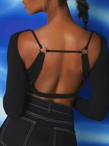 SHEIN O-ring Backless Crop Top - Black - View 5