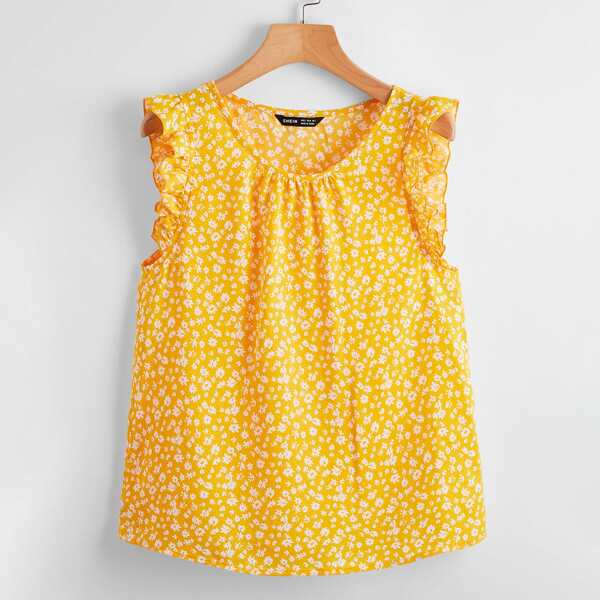 

Ditsy Floral Ruffle Trim Top, Yellow