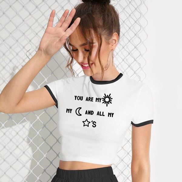 

Slogan Graphic Contrast Binding Crop Tee, White