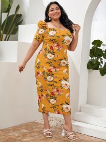 SHEIN Plus Floral Puff Sleeve Split Hem Dress