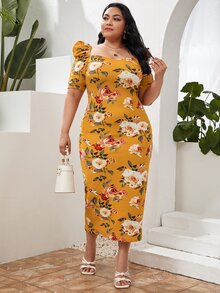 SHEIN Plus Floral Puff Sleeve Split Hem Dress