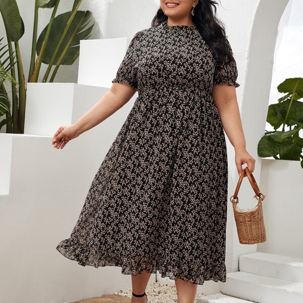 

Plus Frill Trim Ditsy Floral Dress, Multicolor