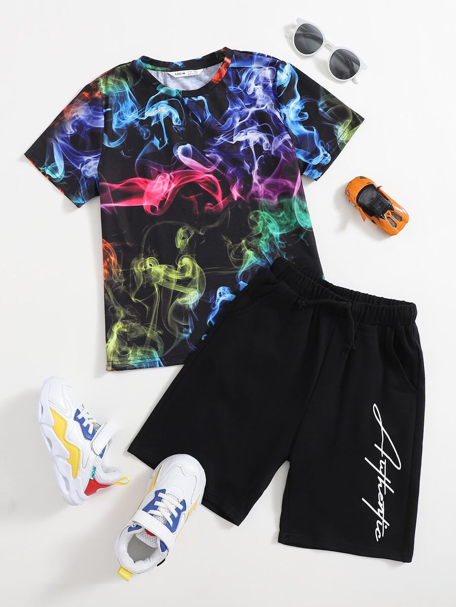 SHEIN Boys Marble Print Top & Letter Graphic Shorts Set - Multicolor - View 1