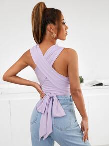 SHEIN Cross Wrap Front Tie Back Halter Top - Lilac Purple - View 2