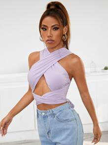 SHEIN Cross Wrap Front Tie Back Halter Top - Lilac Purple - View 4
