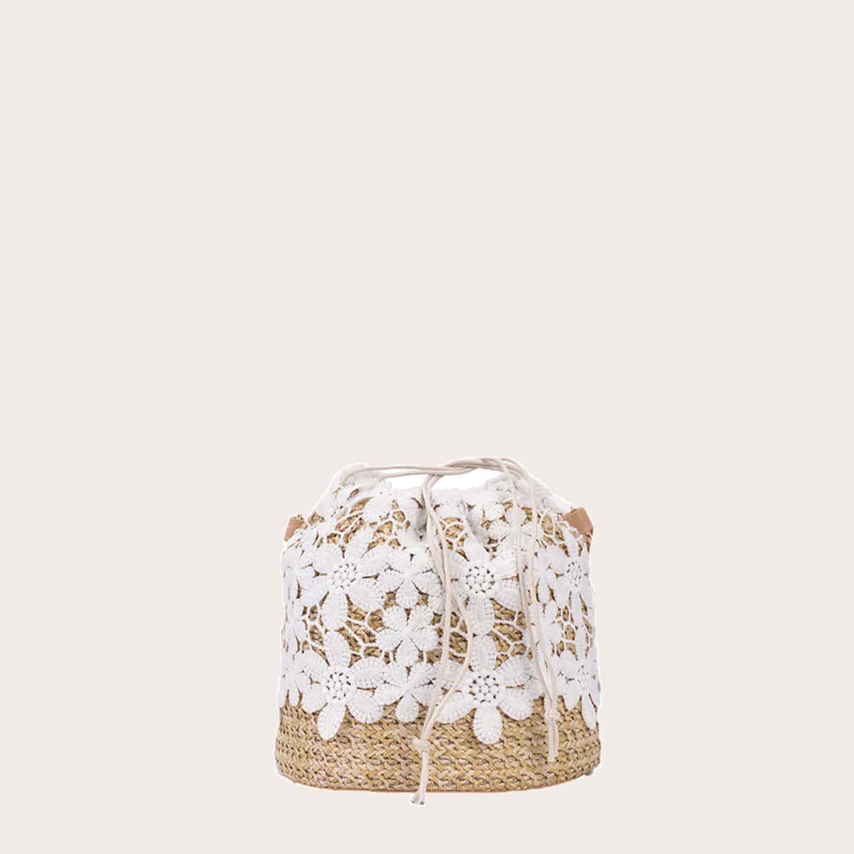 

Floral Lace Straw Bucket Bag, Khaki