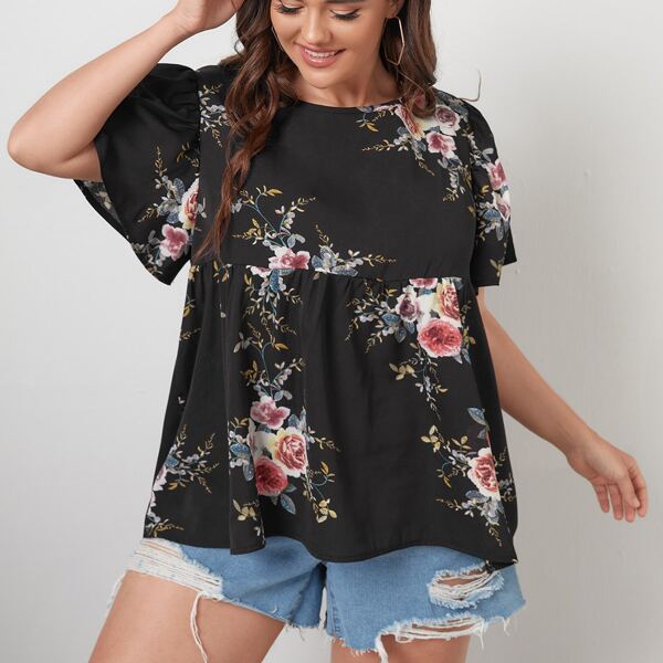 

Plus Floral Print Smock Blouse, Black