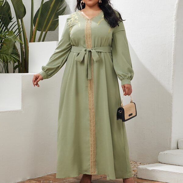 

Plus V-neck Embroidered Trim Self Belted Dress, Green