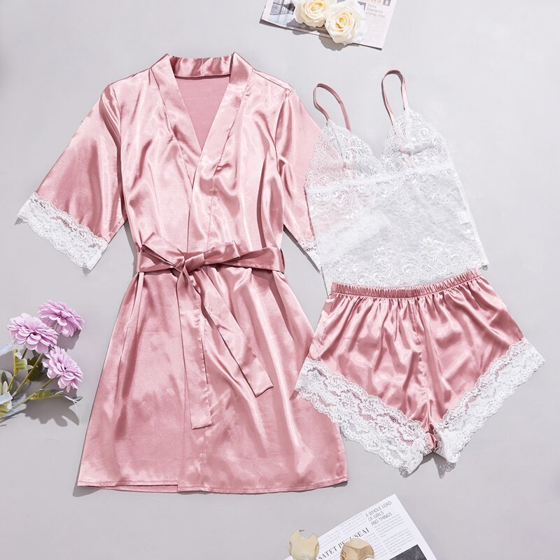 

3pcs Contrast Lace Belted Robe Set, Baby pink