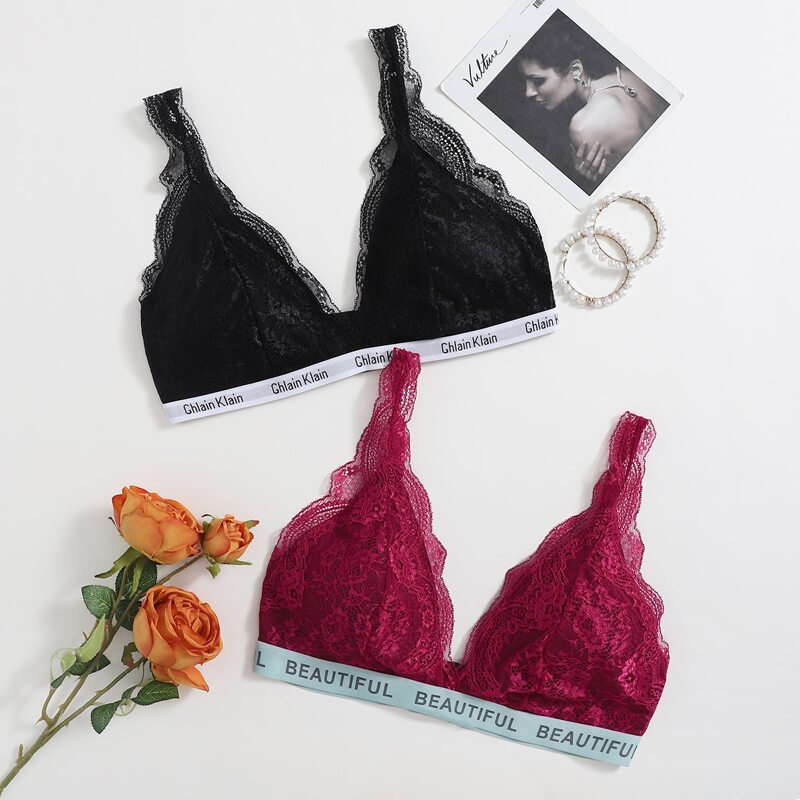 

2pack Plus Floral Lace Letter Tape Bra, Multicolor