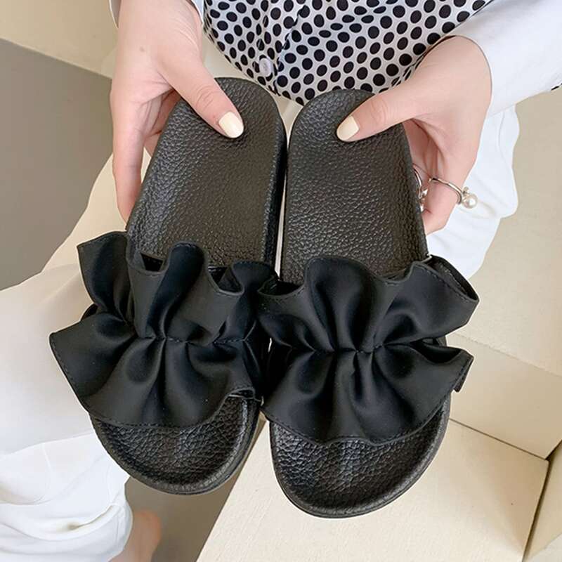 

Ruffle Band Slide Sandals, Black