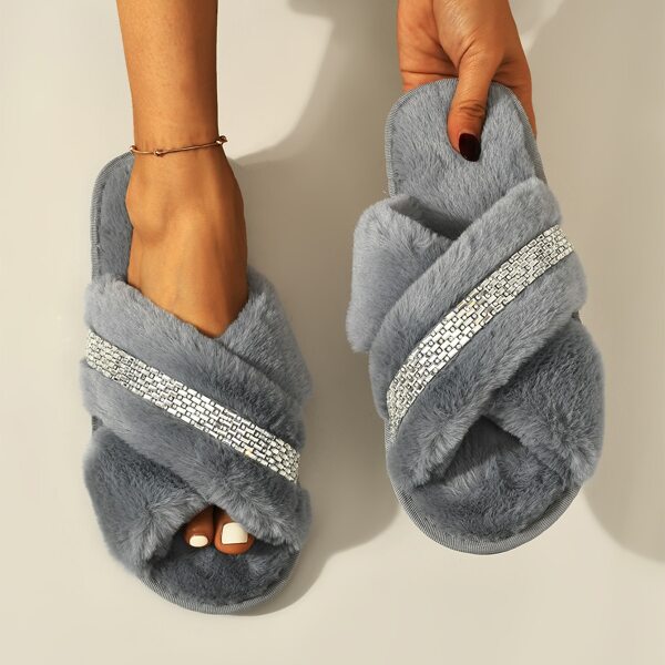 

Rhinestone Decor Fluffy Slippers, Grey
