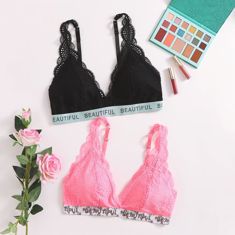 

2pack Plus Floral Lace Letter Tape Bra, Multicolor