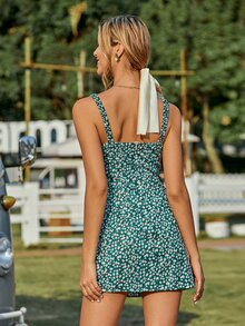 Ditsy Floral Print Cami Dress - Dark Green - View 2