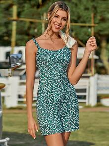 Ditsy Floral Print Cami Dress - Dark Green - View 3