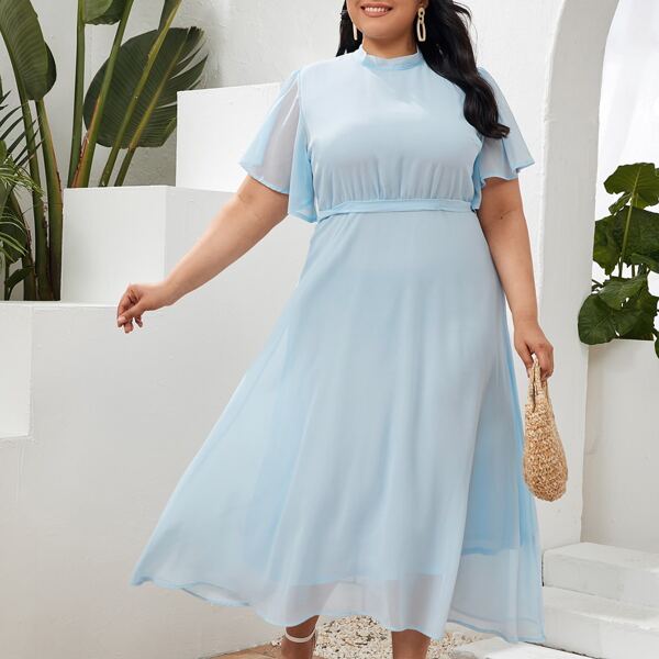 

Plus Tie Back Flutter Sleeve Dress, Baby blue