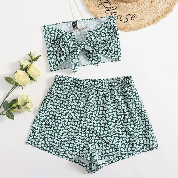 

Tie Front Floral Print Tube Top & Shorts Set, Multicolor