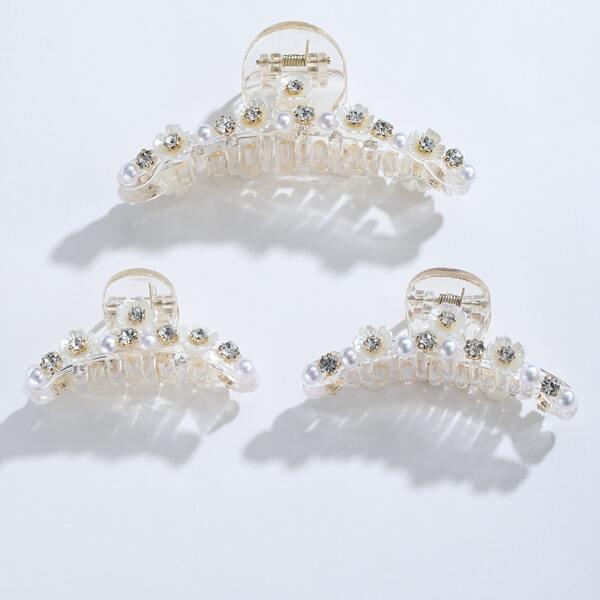 

3pcs Rhinestone & Faux Pearl Decor Hair Claw, Champagne
