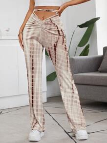 SHEIN EZwear 抽褶十字交叉結飾紮染褲子