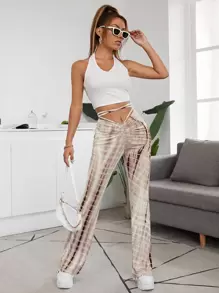 SHEIN EZwear 抽褶十字交叉結飾紮染褲子