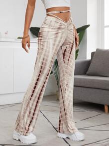 SHEIN EZwear 抽褶十字交叉結飾紮染褲子