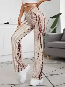 SHEIN EZwear 抽褶十字交叉結飾紮染褲子