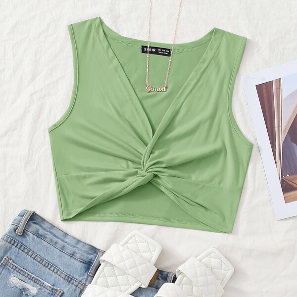 

Twist Front Solid Tank Crop Top, Lime green