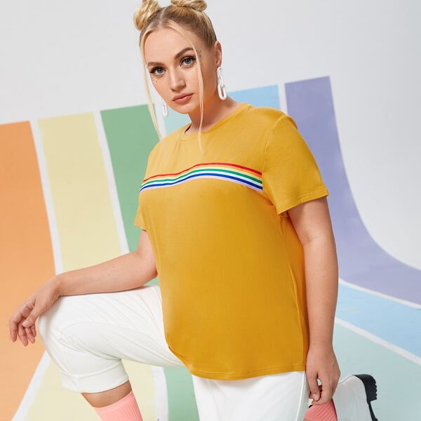 

Plus Rainbow Striped Print Tee, Mustard yellow