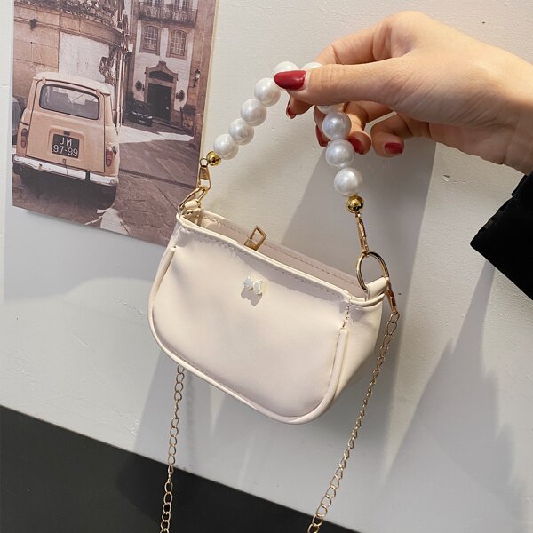 

Mini Faux Pearl Decor Saddle Bag, Beige