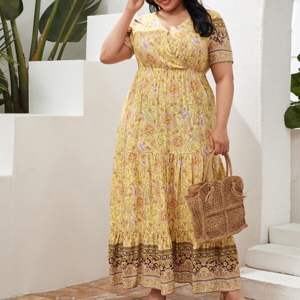 

Plus V-neck Floral Dress, Multicolor
