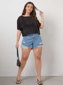 SHEIN Privé áo nữ kích thước lớn cắt Giải trí - màu đen - Xem 3