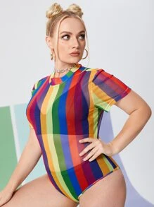 Plus Rainbow Striped Sheer Mesh Bodysuit - Multicolor - View 1