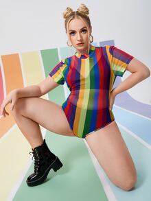 Plus Rainbow Striped Sheer Mesh Bodysuit - Multicolor - View 3