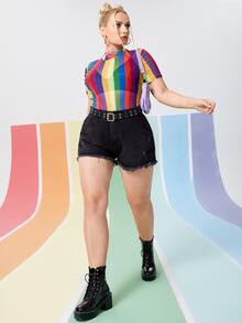 Plus Rainbow Striped Sheer Mesh Bodysuit - Multicolor - View 4