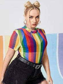 Plus Rainbow Striped Sheer Mesh Bodysuit - Multicolor - View 5