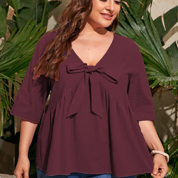 

Plus Knot Front Solid Blouse, Maroon
