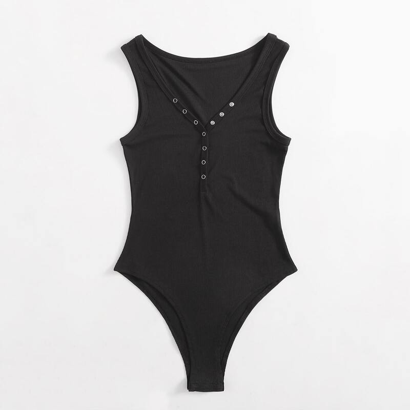 

Solid Button Front Ribbed Bodysuit, Black