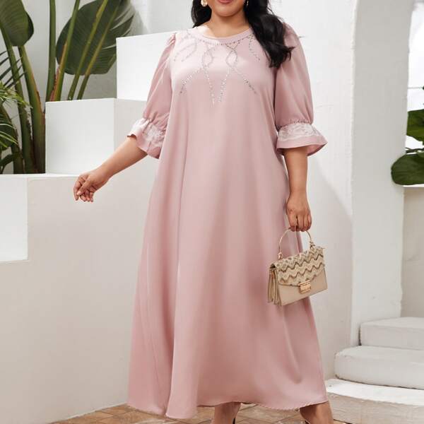 

Plus Rhinestone Front Lace Trim Dress, Dusty pink