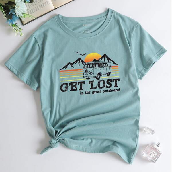 

Bus And Slogan Graphic Tee, Mint green